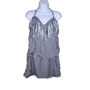 1 Piece Skirt Bathing Swimsuit 4XL Black White Check Pattern Fringe Neckline